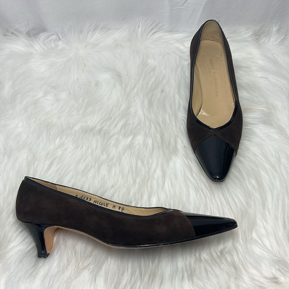 Silvia Fiorentina Brown Suede Black‎ Patent Toe Kitten Heels Sz 8.5